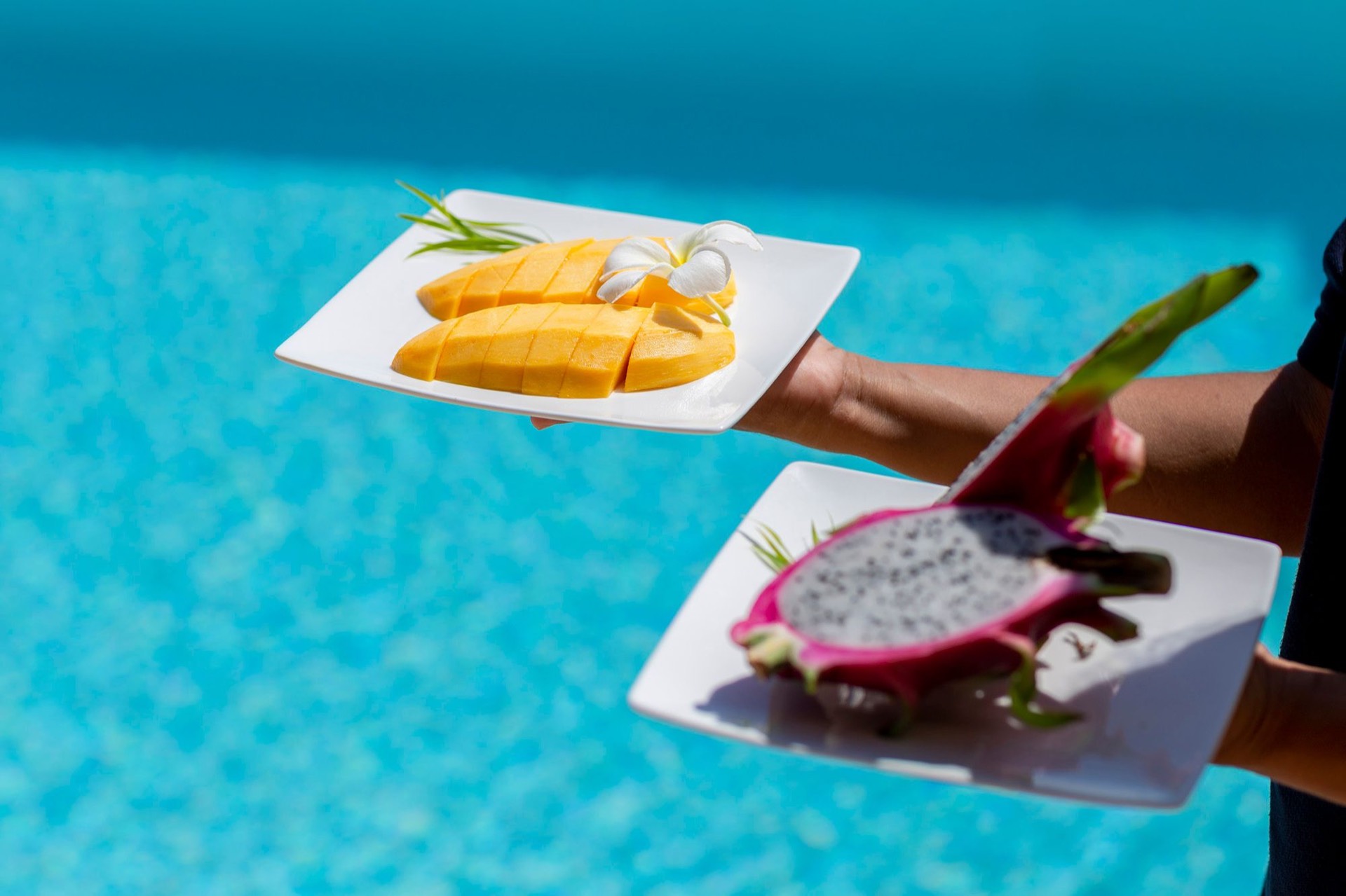 Fresh tropical fruit served poolside at Villa Soluna
