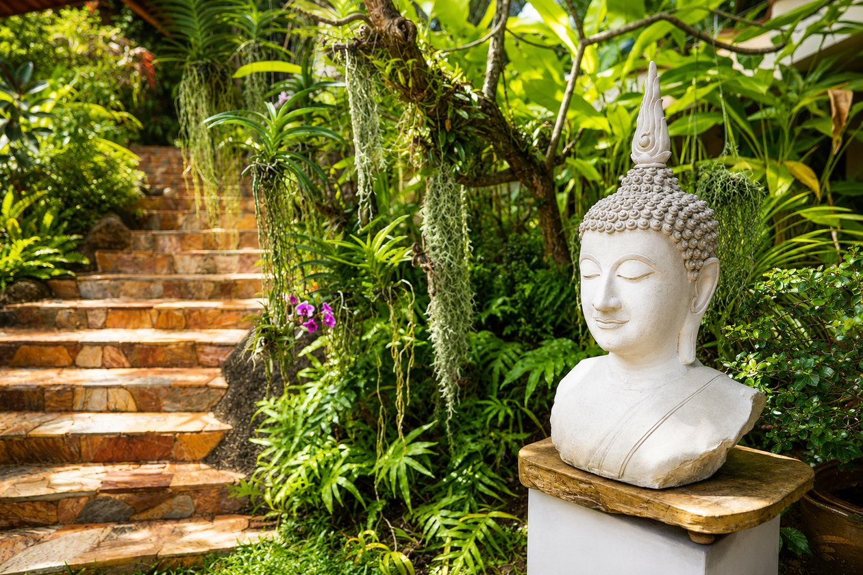 Buddha statue beside stone garden steps