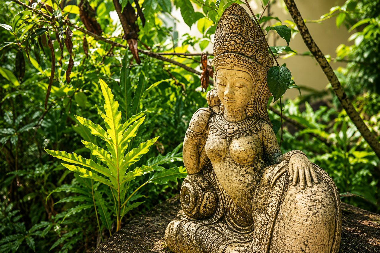 Stone deity statue nestled in greenery