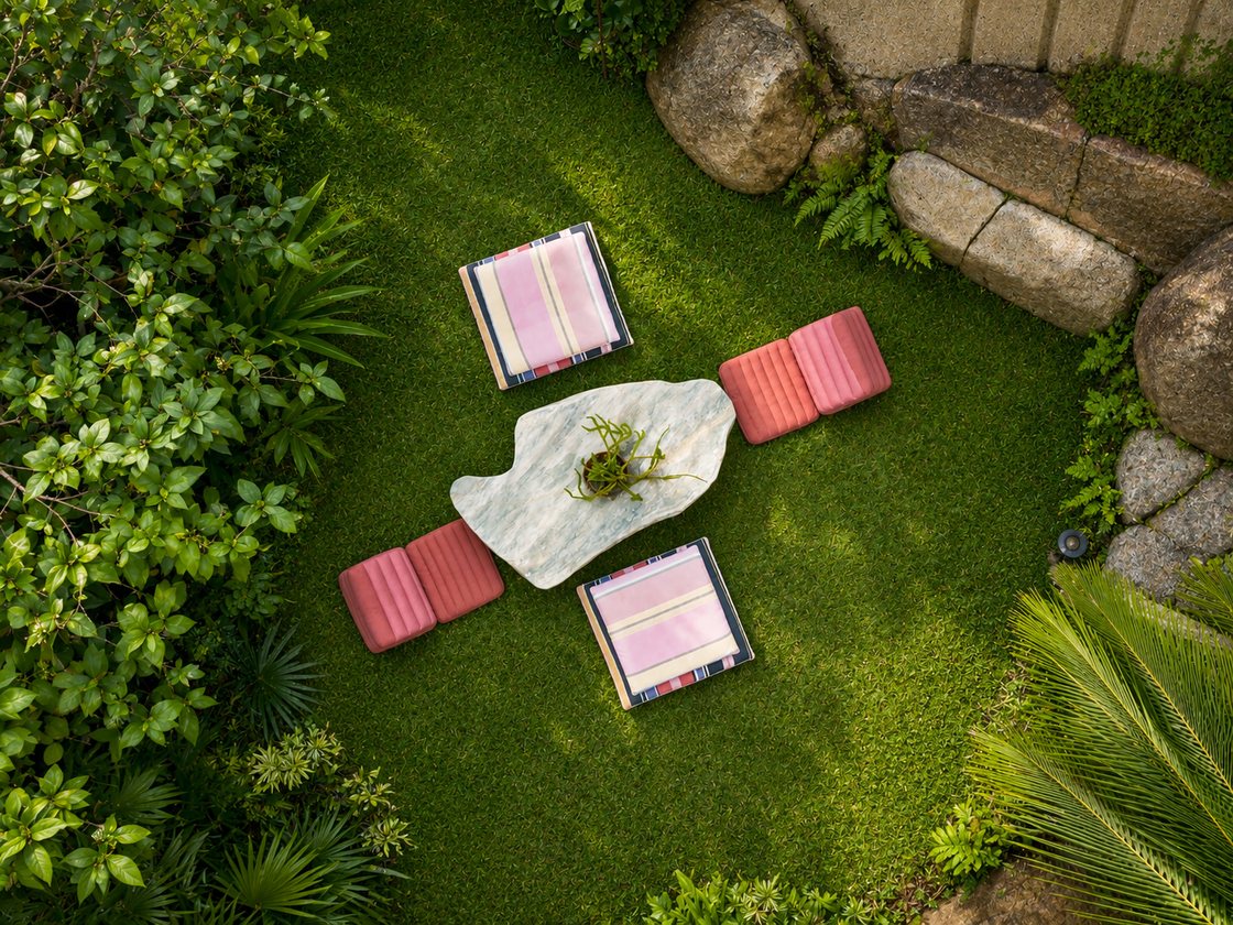 Overhead view of the garden lounge with Thai cushions on the lawn