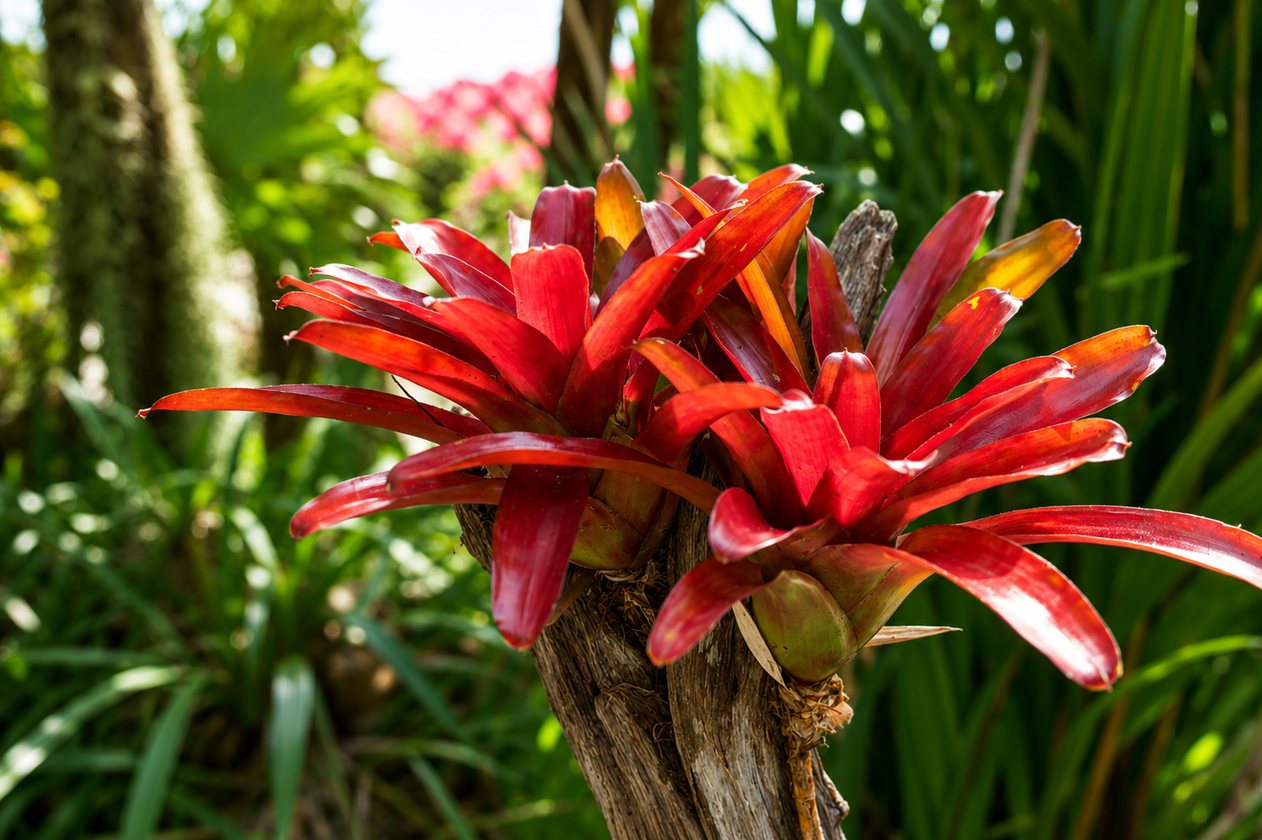 Vivid red bromeliad in the tropical garden
