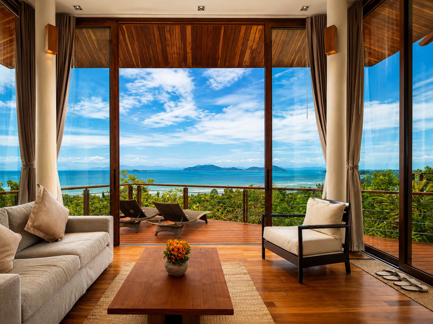 Living room with floor-to-ceiling windows and panoramic ocean views