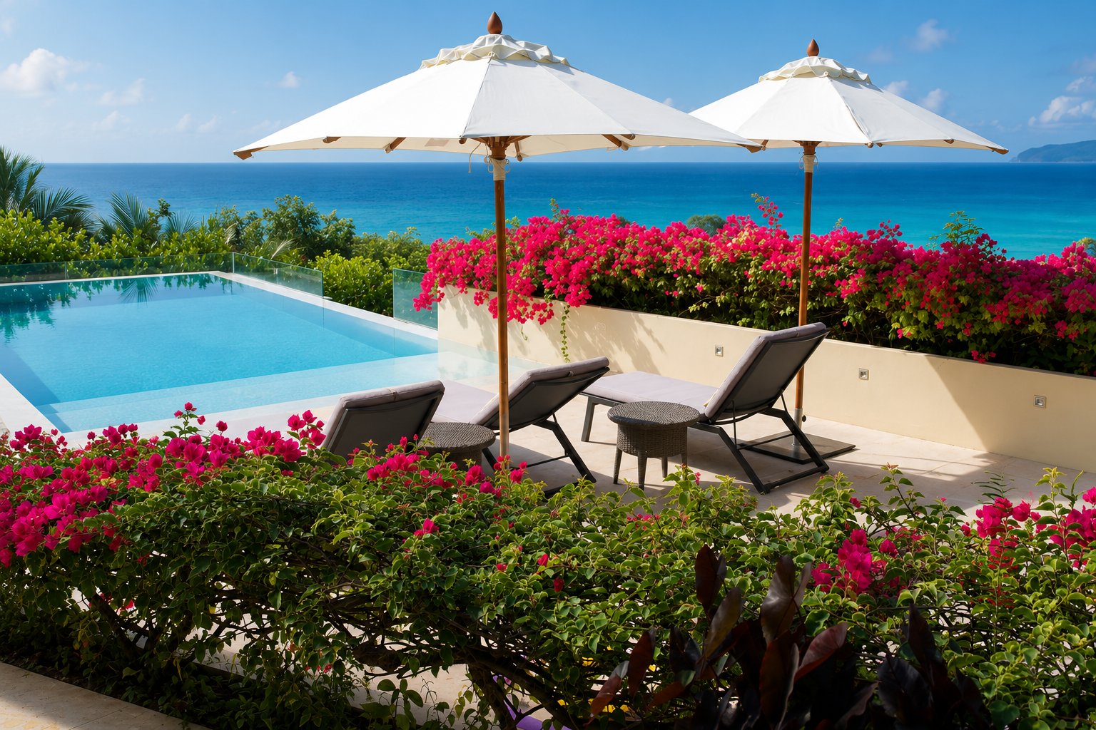 Infinity pool with sun loungers, umbrellas and ocean views