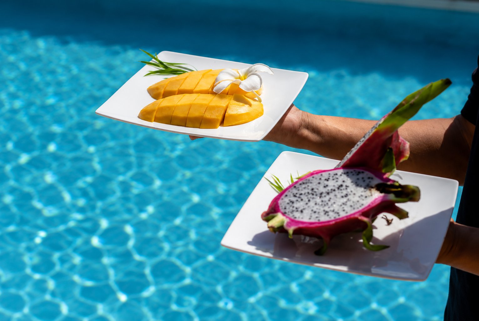 Fresh tropical fruit served poolside at Villa Soluna