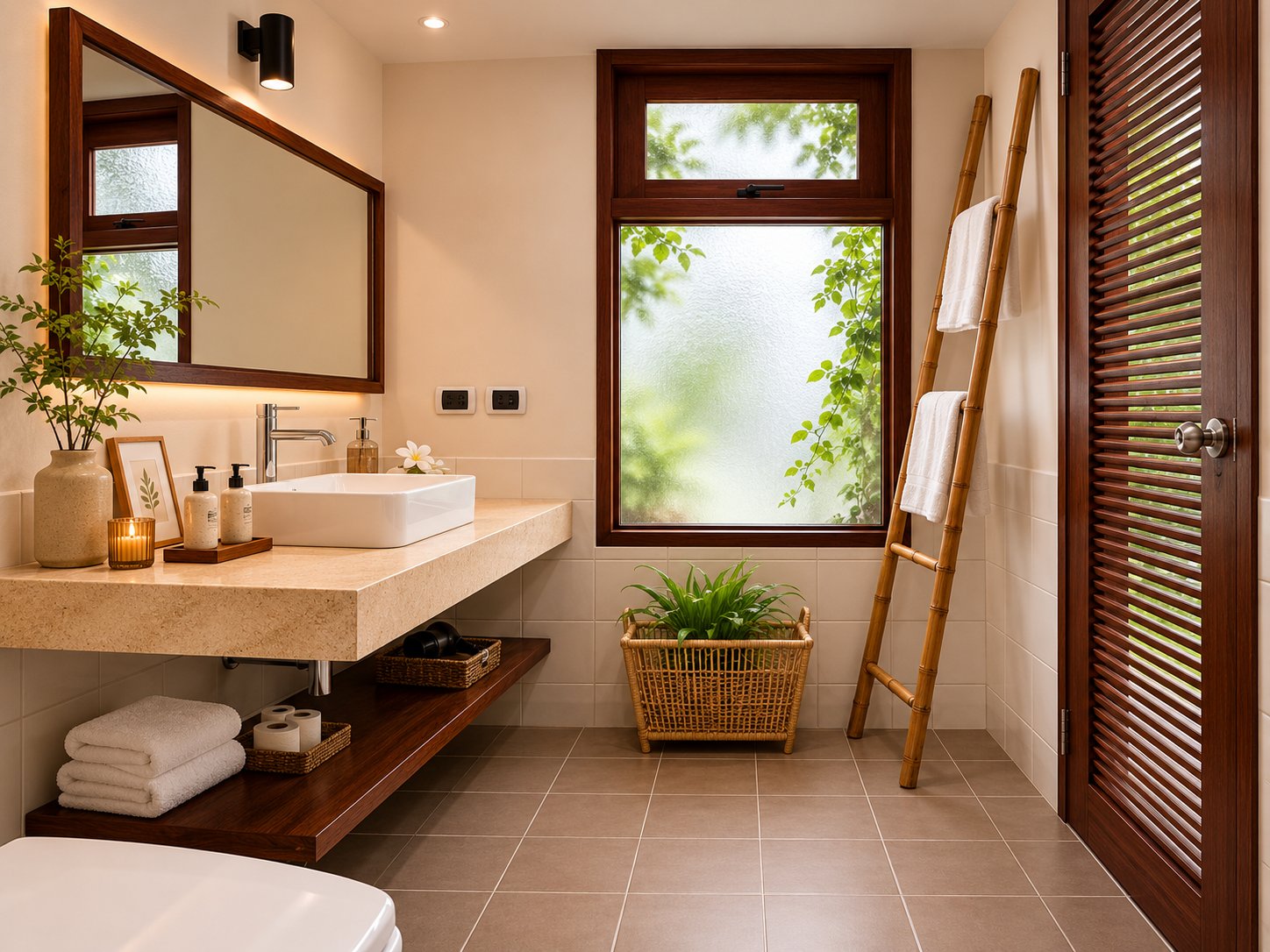 The Hideaway ensuite bathroom with bamboo ladder and garden window