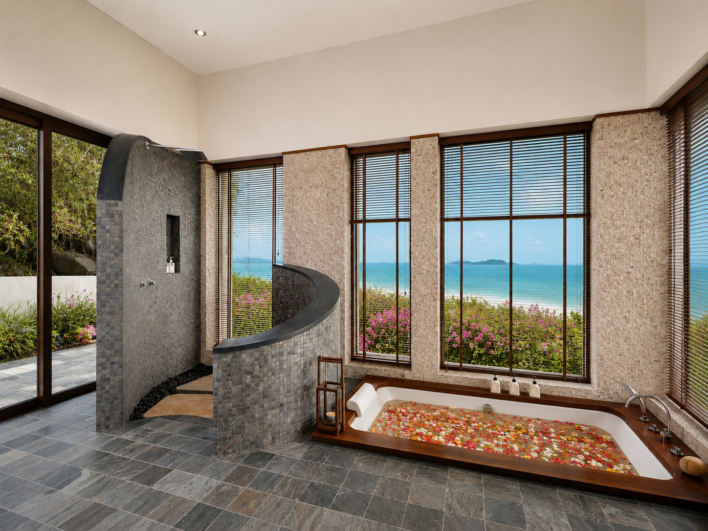Master villa bathroom with soaking tub, stone shower and sea views