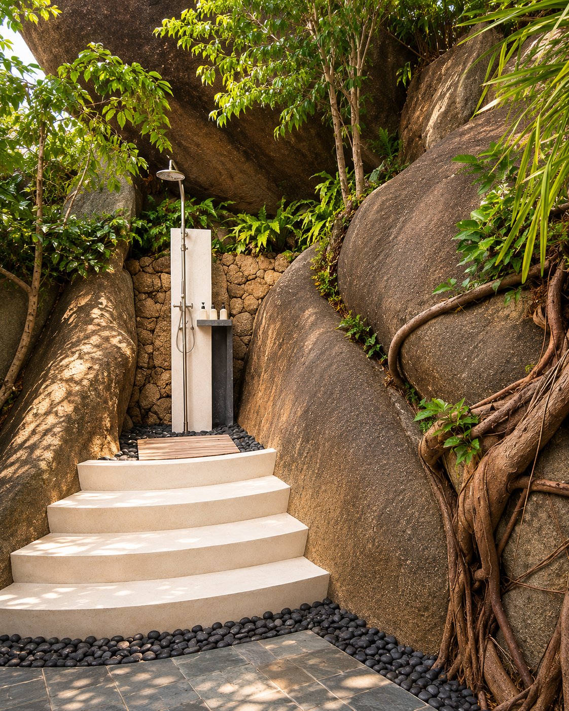 Outdoor shower built into natural boulders surrounded by jungle