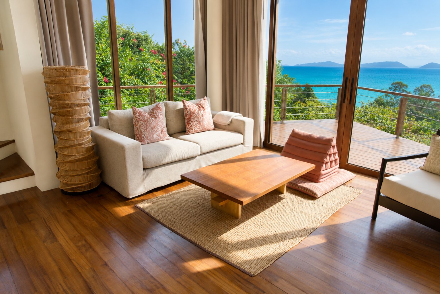 Master villa living area with sofa framing the ocean view