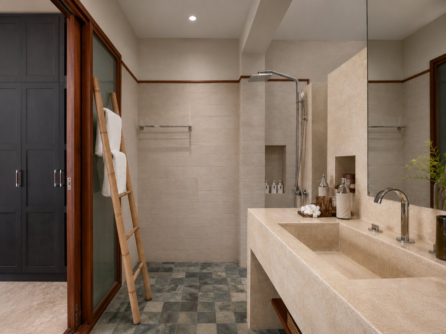 Poolside suite bathroom with stone vanity and walk-in shower